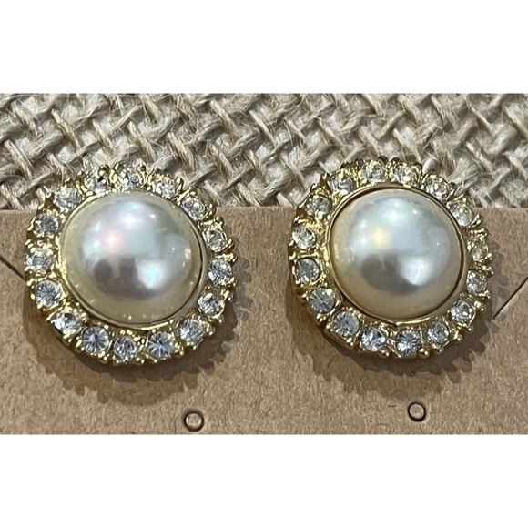 Roman VTG Simulated Pearl Rhinestone Gold Tone Clip On Earrings Regency 1950s - Picture 2 of 9